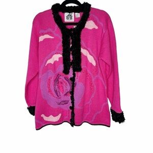 Storybook Knits Vintage Abstract Rose Floral Cardigan Sweater Pink Large
